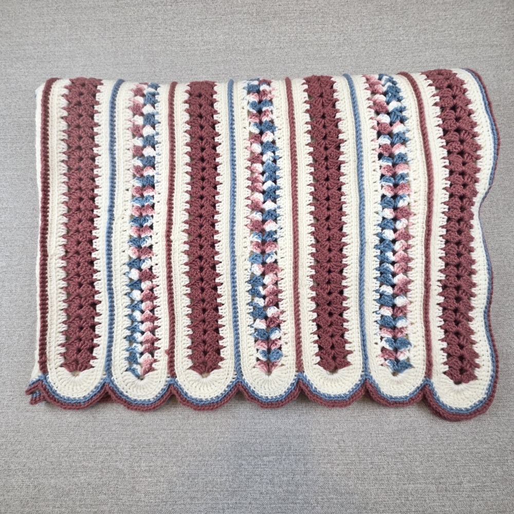 Handmade Crochet Afghan Throw Blanket Scalloped Edge 73x56" Boho Home Decor Cozy